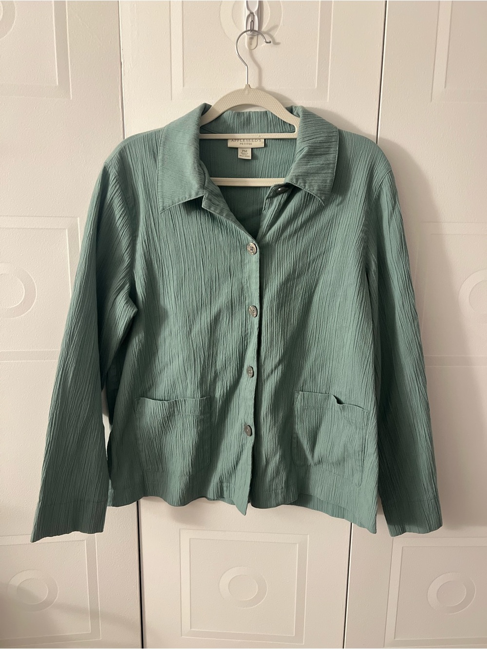 Appleseed's Petites Sea Foam Green Crinkle Cotton-Blend Button-Up Jacket PM